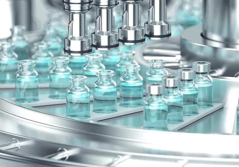 3d render. Pharmaceutical manufacture background with glass bottles with clear liquid on automatic conveyor line. COVID-19 mRNA vaccine production platform.